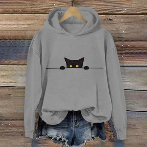 Women's Casual Black Cat Print Hoodie