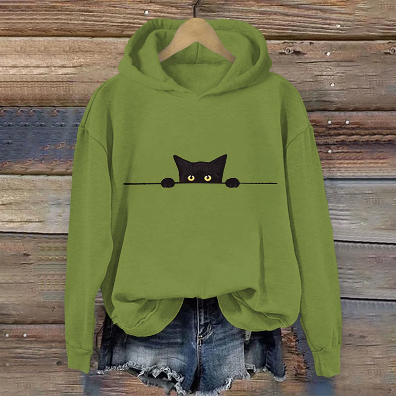 Women's Casual Black Cat Print Hoodie