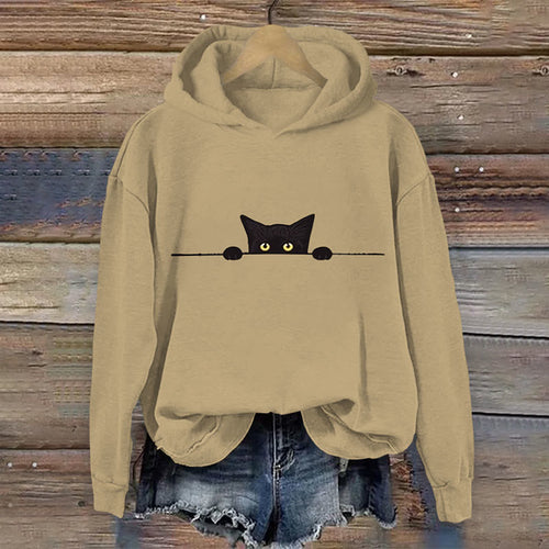 Women's Casual Black Cat Print Hoodie