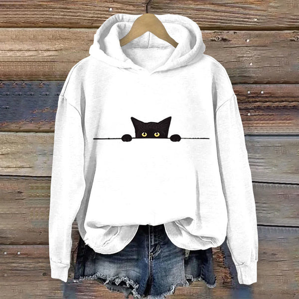 Women's Casual Black Cat Print Hoodie