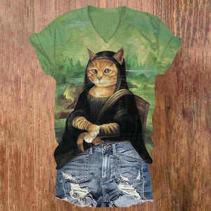 Funny Monalisa Cat Art Print Short Sleeve V-neck T-shirt