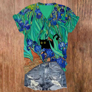 Funny Irises Cat Art Print Short Sleeve V-neck T-shirt