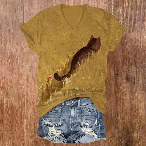 Cat In Field Art Print Short Sleeve V-neck T-shirt