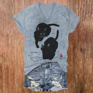 Japanese Black Cat Print Casual Short-sleeved V-neck T-shirt