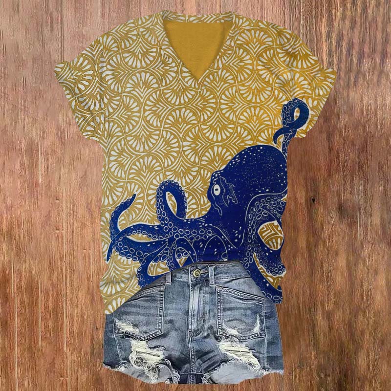 Japanese Style Octopus Art Print V-neck T-shirt