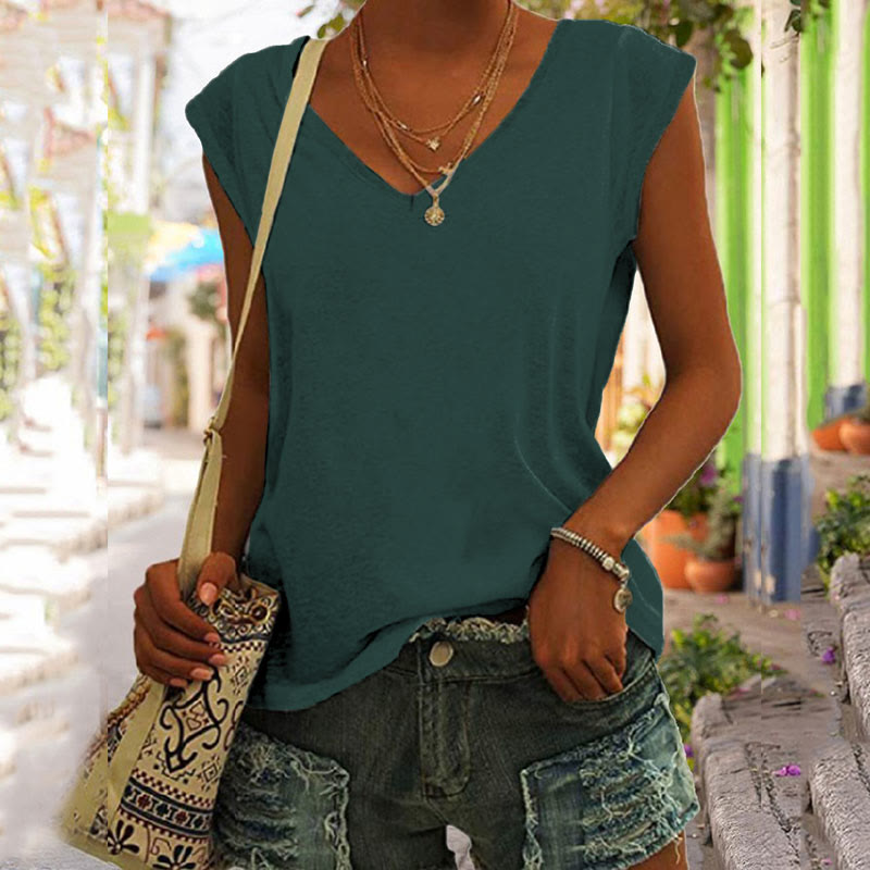 Solid Color Vintage V-neck Casual Tank Top