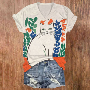 White Cat Among Flowers Print Short Sleeve V-neck T-shirt