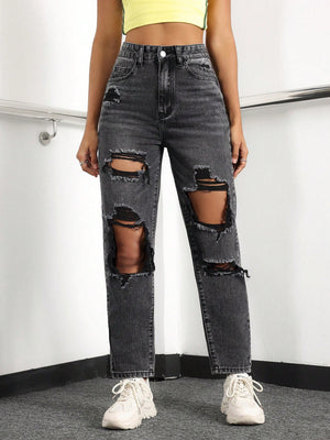 SHEIN ICON Women's Loose Straight Leg Ripped Pockets Casual Washed Denim Jeans