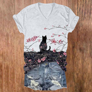 Japanese Style Plum Cat Ink Painting Art Print Short Sleeve V-neck T-shirt