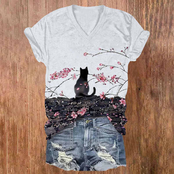 Japanese Style Plum Cat Ink Painting Art Print Short Sleeve V-neck T-shirt