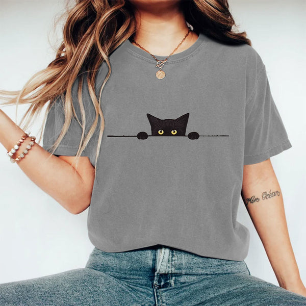 Women's Casual Black Cat Print Short Sleeve T-shirt