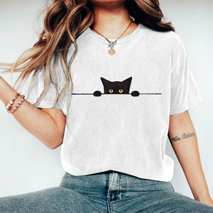 Women's Casual Black Cat Print Short Sleeve T-shirt