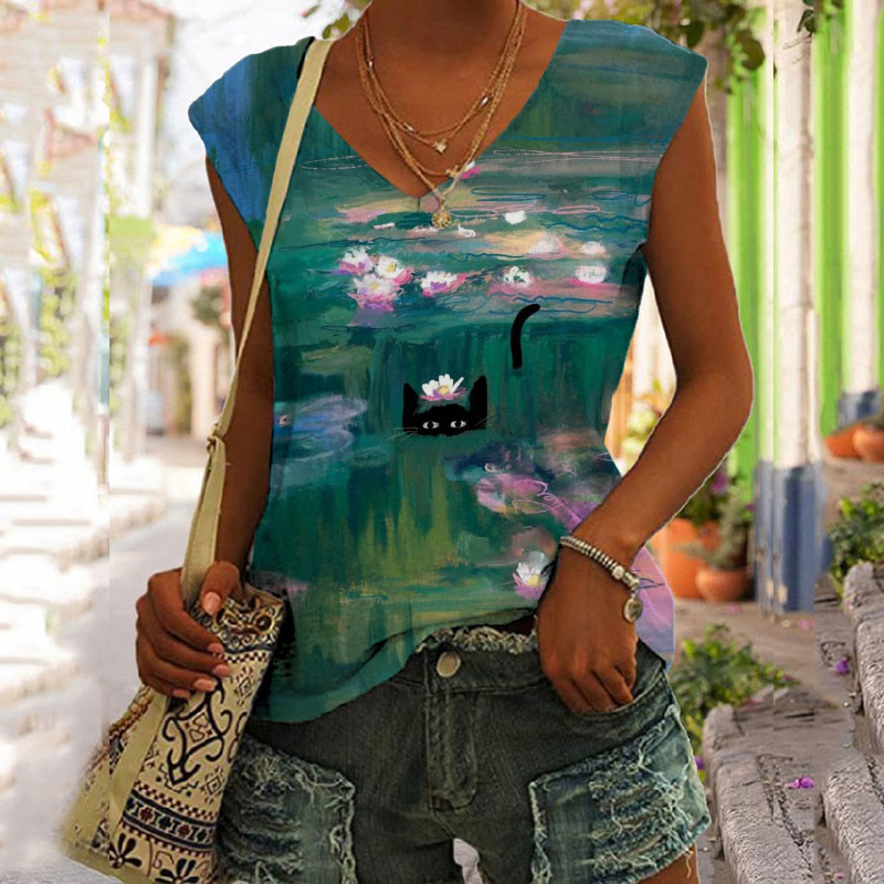 Funny Black Cat In Claude Monet's Waterlily Painting Art Print V-neck Tank Top