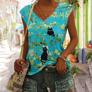 Van Gogh Almond Blossoms Cat Art Print V-neck Tank Top