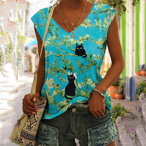 Van Gogh Almond Blossoms Cat Art Print V-neck Tank Top