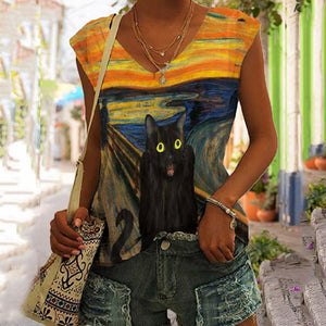 Funny Screaming Black Cat Art Print V-neck Tank Top