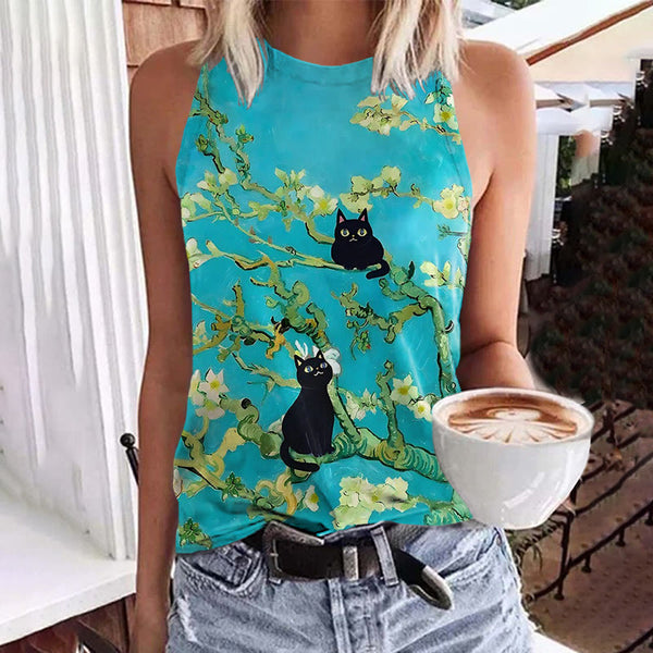 Van Gogh Almond Blossoms Cat Art Print Women's Tank Top