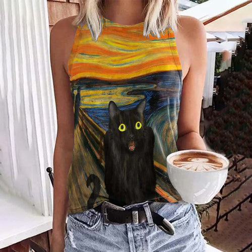 Funny Screaming Black Cat Art Print Women's Tank Top