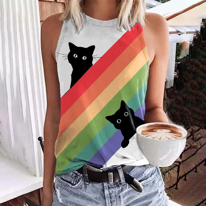 Black Cat In The Rainbow Print Women's Tank Top