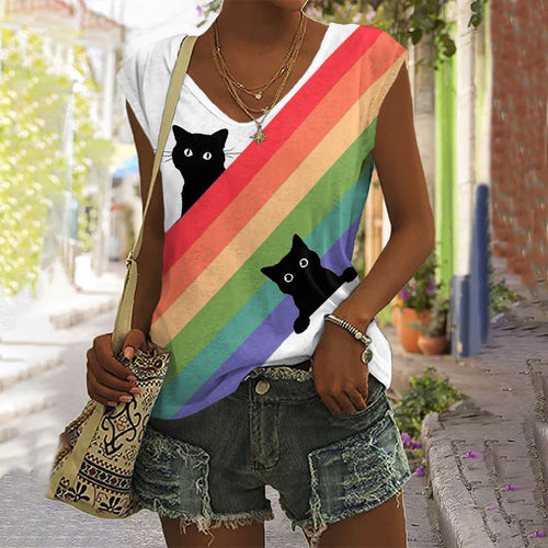 Black Cat In The Rainbow Print V-neck Tank Top