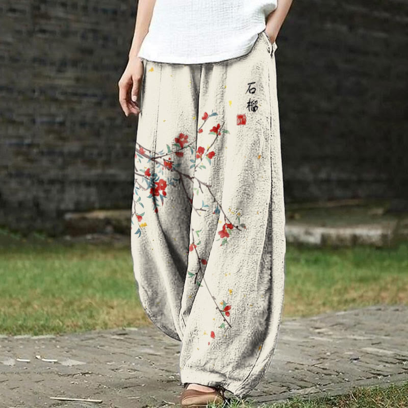 Japanese Art Floral Vintage Print Pants