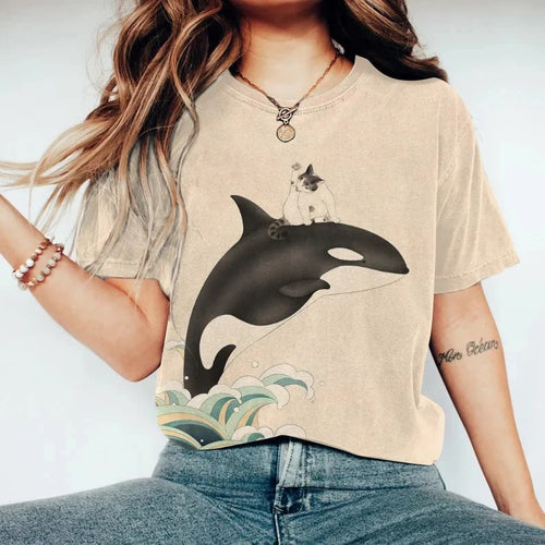 Vintage Japanese Art Whale And Cat Wave Print Casual T-shirt