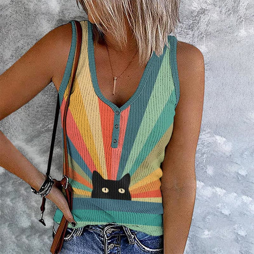 Rainbow Cat Print Button Tank Top