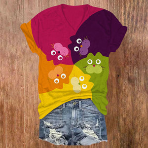 Creative Cute Rainbow Cat Swirl Art Print V-neck T-shirt