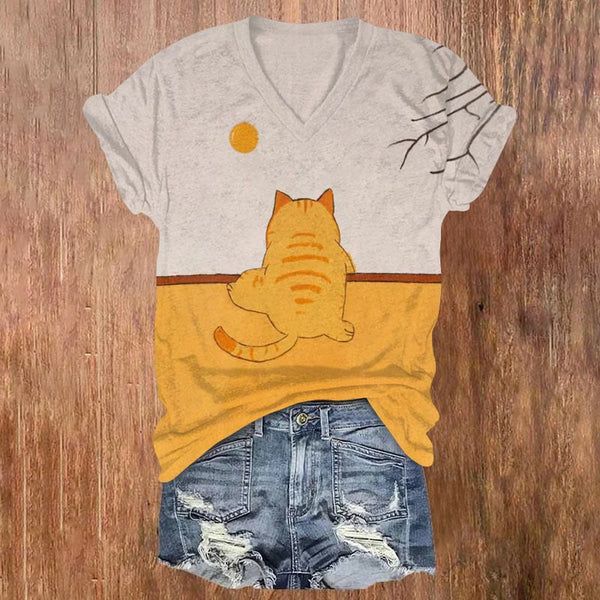 Cute Orange Cat Climbing Wall Print V-neck T-shirt