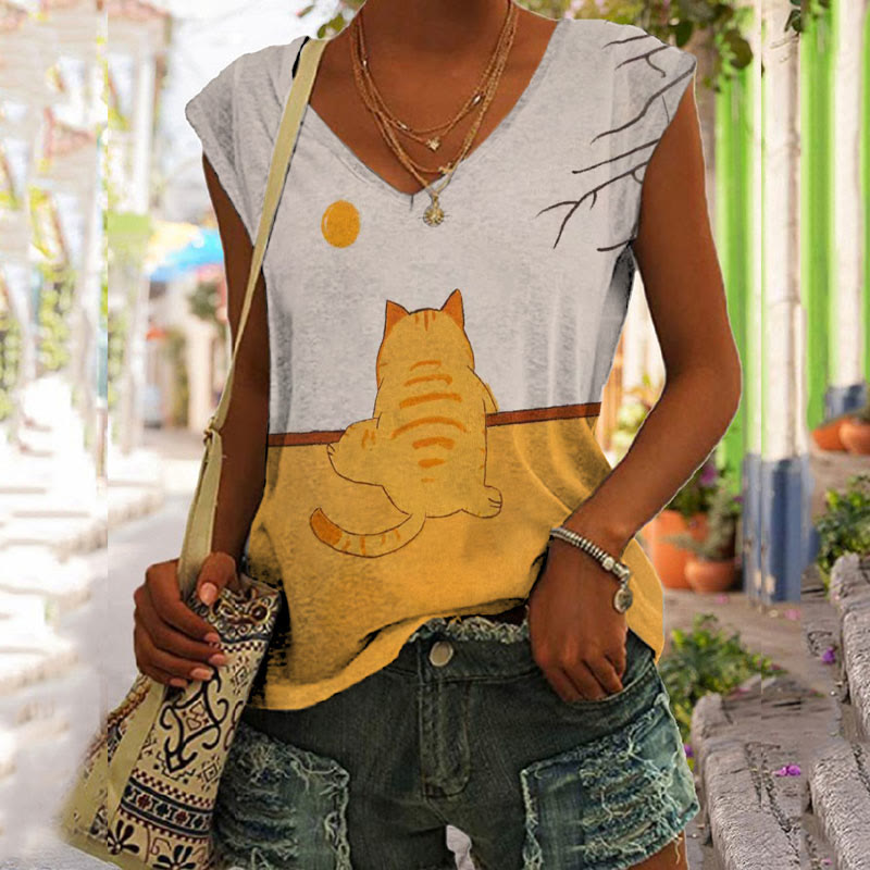 Cute Orange Cat Climbing Wall Print V-neck Tank Top