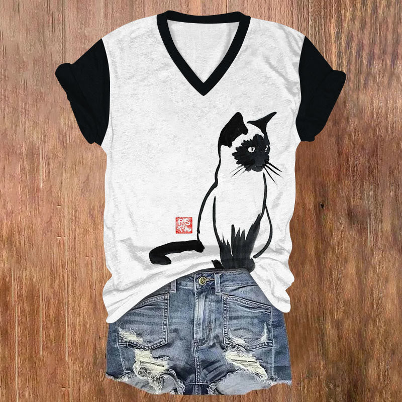 Japanese Art Ink Cat Print Short Sleeves V-neck T-shirt