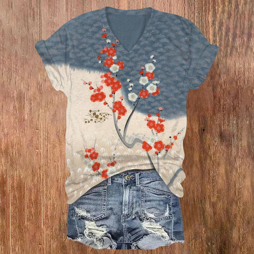 Japanese Art Cherry Blossom Print Short Sleeves V-neck T-shirt