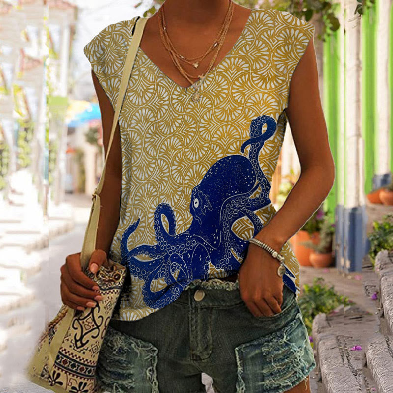 Japanese Style Octopus Art Print V-neck Tank Top