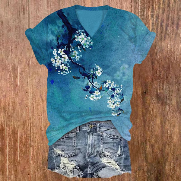 Japanese Antique Pear Blossom Ink Painting Print Short Sleeves V-neck T-shirt