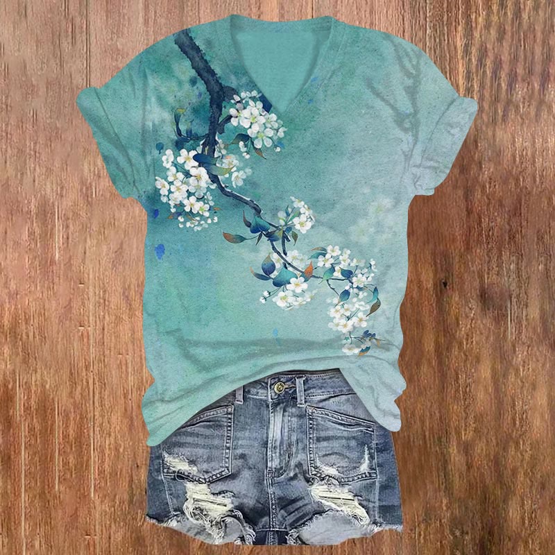 Japanese Antique Pear Blossom Ink Painting Print Short Sleeves V-neck T-shirt