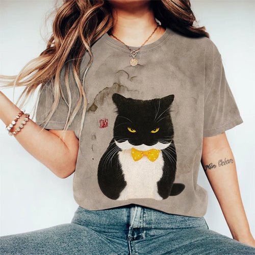 Cute Angry Cat Print Japanese Retro Casual Crew Neck T-shirt