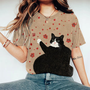 Cute Fat Cat Floral Art Print Casual Crew Neck T-shirt