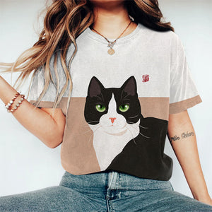 Cute Cow Cat Art Print Casual Crew Neck T-Shirt