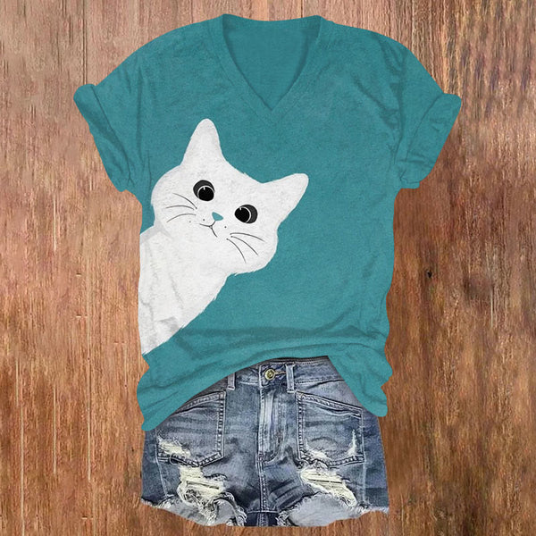 Cute White Cat Print Short Sleeves V-neck T-shirt