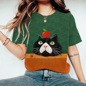 Cute Dazed Cat Japanese Auspicious Cloud Art Print Casual Crew Neck T-shirt