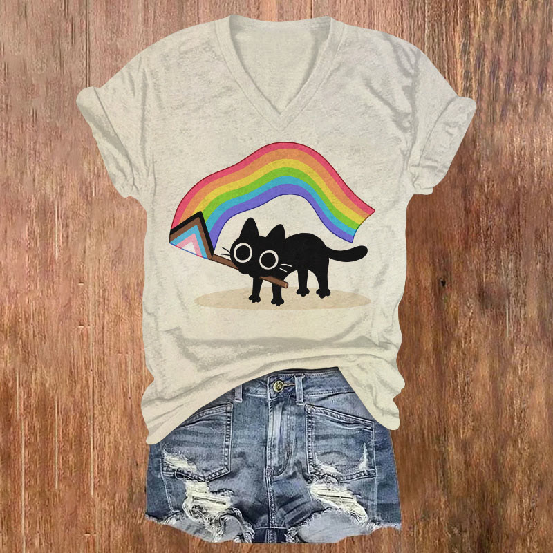 Rainbow Black Cat Flag Short Sleeves V-neck T-shirt