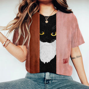 Creative color matching cat art print casual Crew Neck T-shirt