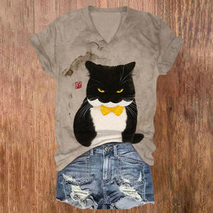 Cute Angry Cat Print Japanese Retro Casual V-neck T-shirt