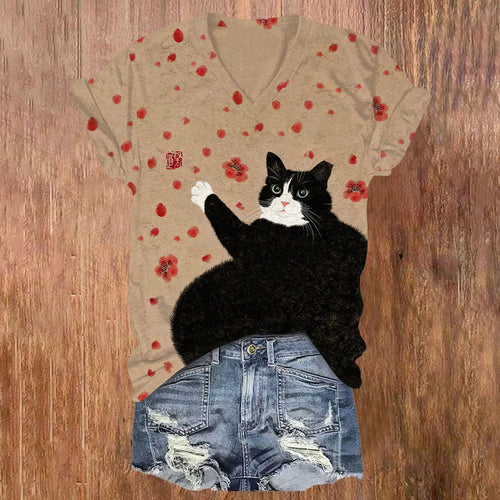 Cute Fat Cat Floral Art Print Casual V-neck T-shirt