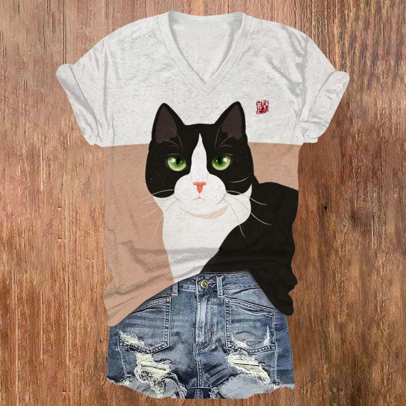 Cute Cow Cat Art Print Casual V-neck T-shirt