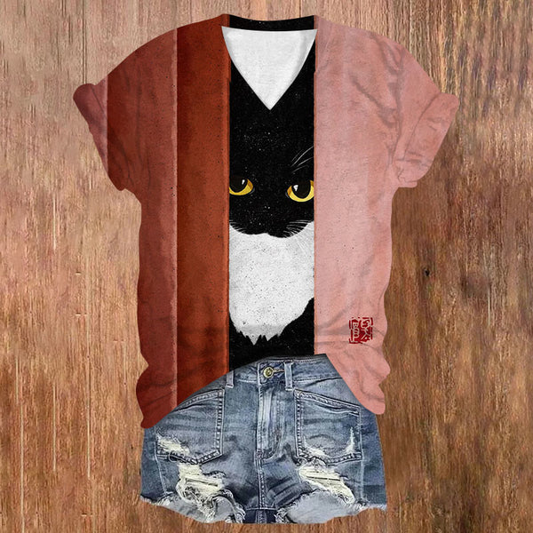 Creative Color Matching Cat Art Print Casual V-neck T-shirt