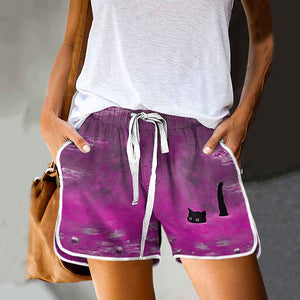 Women's Oil Painting Cat Print Drawstring Pocket Shorts