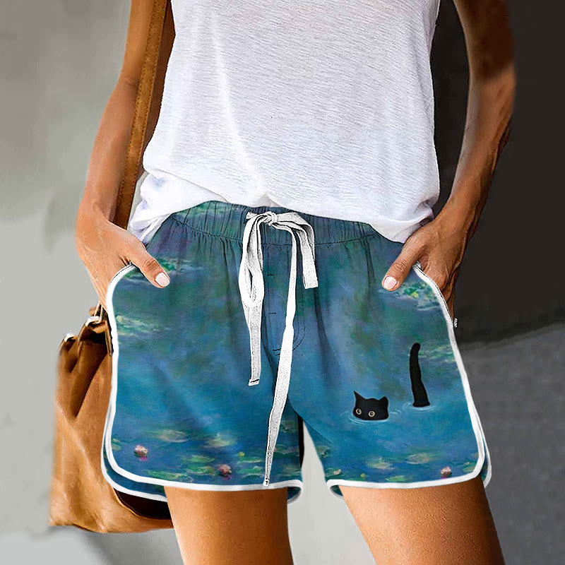 Women's Oil Painting Cat Print Drawstring Pocket Shorts