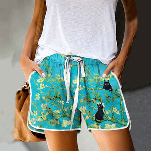 Van Gogh Almond Blossoms Cat Art Print Drawstring Pocket Shorts