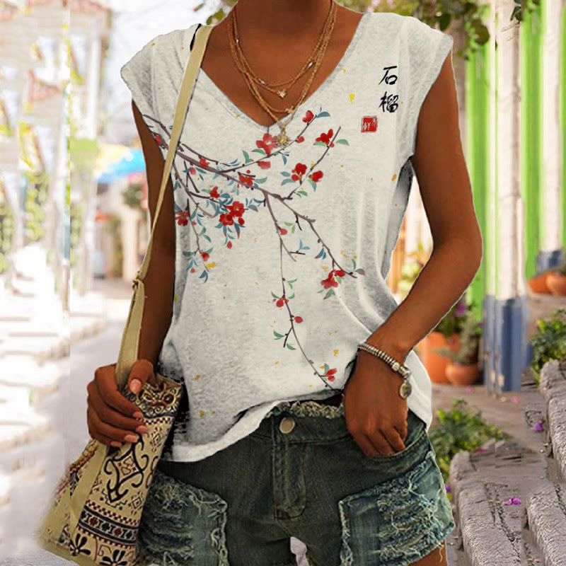 Women's Japanese Art Floral Vintage Print V-neck Tank Top